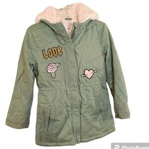 Place Girls Green Fur Lined 2 Pocket Long Jacket Sz L 10/12